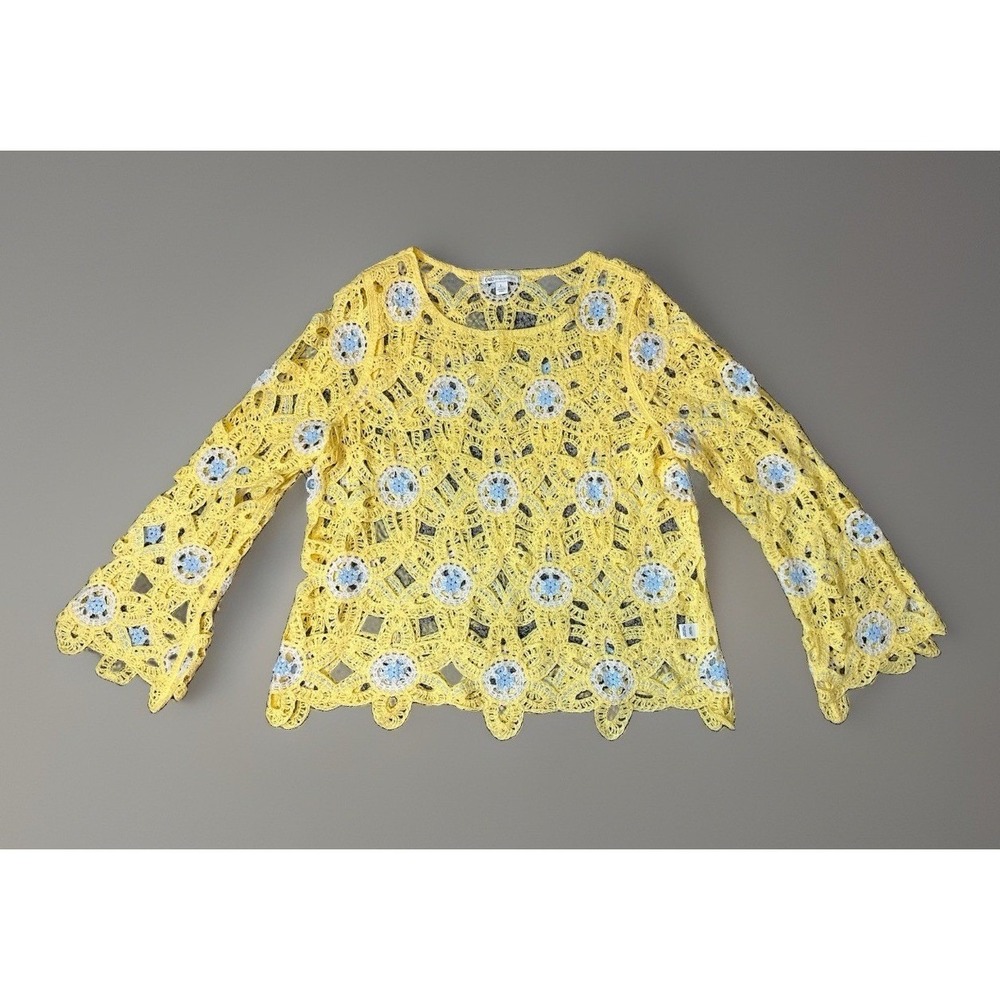 Cato LARGE Butter Yellow Floral Crochet Sweater Scallop Bell Sleeve Boho Cottage